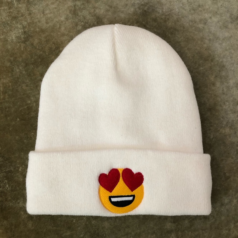 Emoji heart eyes winter hat fleece beanie white